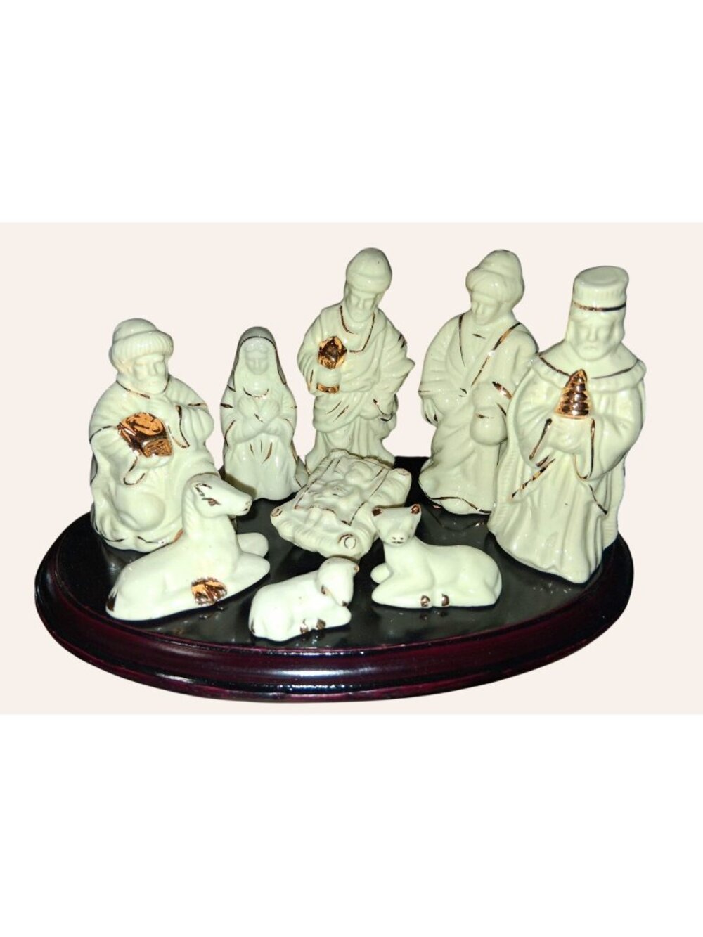 10-Piece Vintage White Porcelain Nativity Set With Gold Accents